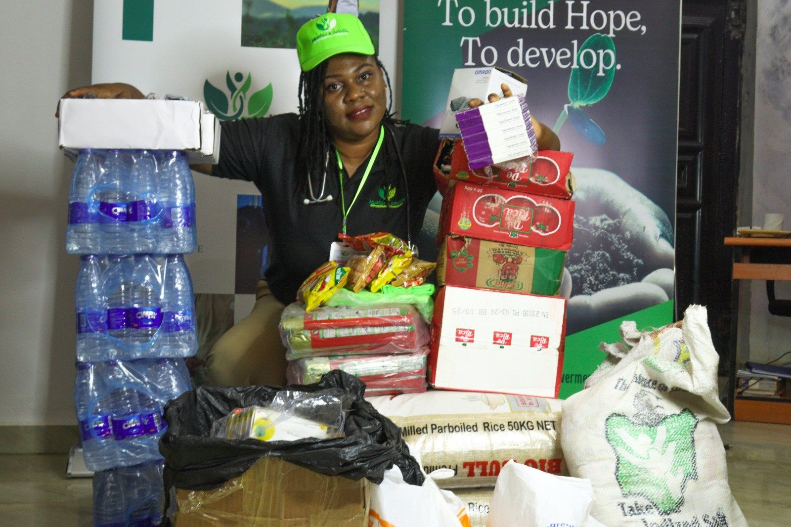 Food and supplies ready for distribution.