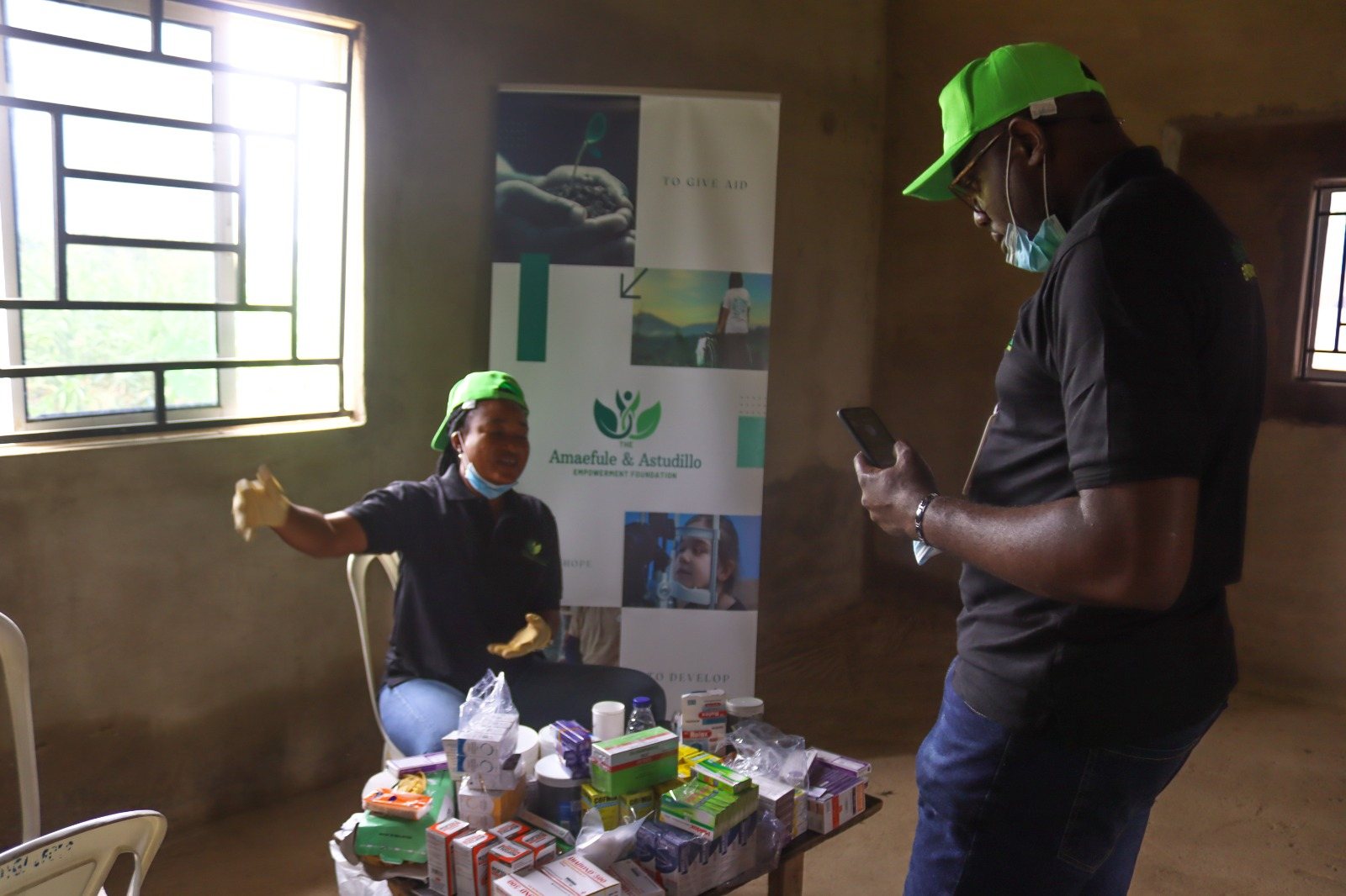 The distribution table inside the hall.